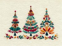 Colorful embroidered Christmas trees with festive ornaments and floral elements on textured cream background. Traditional folk art style holiday decoration.