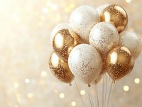 Elegant gold and white balloons with glitter accents against soft bokeh background for luxury celebration or festive event design.