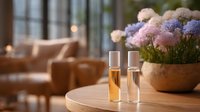 Elegant essential oil bottles on wooden table with hydrangea flowers in ceramic pot, cozy living room with soft lighting in background.