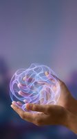 Human hands holding glowing translucent brain with neural networks and synapses floating above palm against purple gradient background for medical concepts.