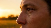 Middle-aged Caucasian man crying with tears streaming down face during golden hour sunset, emotional moment of sadness or grief in warm natural light.