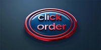 Metallic red and blue circular button with click order text on dark background, modern glossy design for e-commerce and online shopping interfaces.