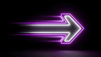 Glowing neon arrow pointing right with purple and white light effects on dark background for modern digital design and technology concepts.