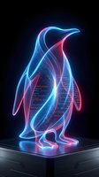Futuristic neon penguin hologram with glowing blue and pink light effects on dark background for digital art and technology concepts.