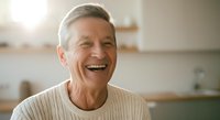 Senior man with white hair and light skin, wearing a beige ribbed sweater, smiling warmly in a bright kitchen setting. Suitable for healthcare, wellness, lifestyle and family content.