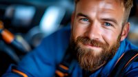 Confident bearded Caucasian male mechanic in blue workwear smiling at camera. Professional automotive service worker with friendly expression in repair shop setting.