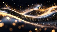 Glowing golden waves with sparkling particles flow against dark background creating magical light effect with bokeh and shimmering elements.