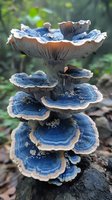 Rare blue turkey tail mushrooms growing in layers on forest log, showing detailed gills and natural patterns in vibrant indigo and white colors against blurred woodland background.