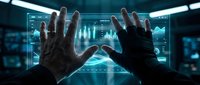 Hands reaching toward holographic data displays in futuristic control room with glowing blue interface screens and digital analytics dashboard.
