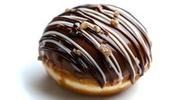 Chocolate glazed donut with white icing drizzle on white background, sweet bakery dessert treat for breakfast menu and food advertising campaigns.