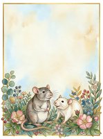 Watercolor card with two cute mice among wildflowers and berries, soft pastel tones, gold border, copy space for text or greeting.
