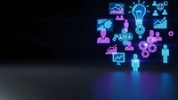 Digital business icons floating in neon blue and purple light on dark background. Technology symbols for corporate presentations and marketing materials.