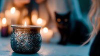 Mystical still life with ornate candle holder, burning candles and black cat silhouette in background creating magical atmosphere for spiritual practices.