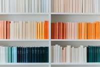 Minimalist bookshelf with color-coordinated books arranged in pastel and deep tones of coral, orange, teal, and white creating a modern aesthetic display.