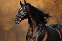Dark bay horse with flowing mane in golden autumn light, equestrian portrait showcasing elegant movement and natural beauty for equine photography projects.