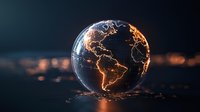 Glowing orange lines trace continental borders on dark globe against black background, creating dramatic visualization of Earth's geography for global concepts.
