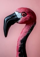 Flamingo head with vibrant pink plumage, black beak, and white facial markings against soft pink background. Isolated wildlife portrait for design projects.