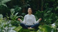 Young Asian woman in white sweater meditating in lotus position surrounded by lush green tropical plants and ferns, expressing peace and mindfulness in nature.