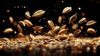 Golden sunflower seeds scattered in motion against dark background with bokeh light effects, dramatic food photography with rich warm tones and sharp detail.
