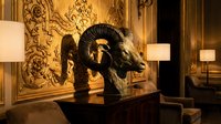 Ornate bronze ram sculpture displayed on pedestal in luxurious interior with golden damask wallpaper and ambient lighting, suitable for upscale home decor and interior design projects.