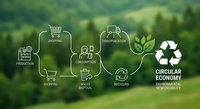 Circular economy concept with interconnected cycle showing production, shopping, waste sorting, recycling on green nature background for sustainability.