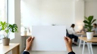 Hands holding blank white paper in modern office workspace with plants and coworker at desk in background, suitable for business presentations, corporate communications, and workplace concepts.