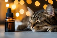 Relaxed tabby cat lying next to amber glass dropper bottle with warm bokeh lights creating cozy atmosphere for pet wellness and aromatherapy concepts.