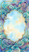 Watercolor oriental clouds frame with gold border in blue, teal and purple tones, empty center space for text or design.