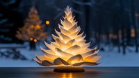 Illuminated paper Christmas tree sculpture glowing warmly against snowy winter background with bokeh lights creates magical holiday atmosphere.