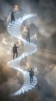 Business professionals climbing spiral staircase to success with dollar symbols and financial charts in cloudy sky representing career growth and achievement.