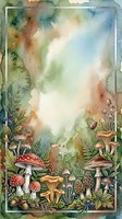 Watercolor forest mushroom frame with botanical elements and soft pastel background for nature-themed designs and organic branding projects.