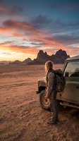 Solo female traveler with backpack standing beside off-road vehicle in desert landscape at sunset, dramatic rocky peaks and golden sky, adventure and exploration concept for travel and lifestyle use.
