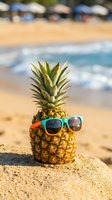 Pineapple wearing colorful sunglasses on sandy beach with ocean waves and umbrellas in background. Summer vacation tropical fruit concept for travel marketing.