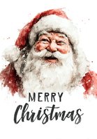 Watercolor portrait of jolly holiday character with white beard and red hat, smiling warmly with festive greeting text for seasonal greeting cards.