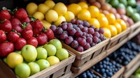Fresh seasonal fruits displayed in wooden crates at farmers market including vibrant strawberries, grapes, lemons, green apples and blueberries arranged in rows.