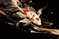 Red and white koi fish swimming in dark water with golden fluid motion trails and splashes, artistic oriental style painting with dynamic movement.