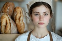 Young female baker in traditional white cap and brown apron stands near freshly baked artisanal bread loaves, conveying authentic bakery atmosphere with soft natural lighting.