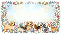 Cute cartoon puppies with floral border frame on white background, isolated for cards, invitations, and nursery decor design use.