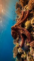 Red octopus camouflaged among vibrant coral reef with tropical fish in crystal clear blue ocean water showcasing marine biodiversity and underwater ecosystem.