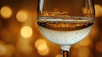 Sparkling wine glass with bubbles against warm golden bokeh background, elegant close-up showing effervescent champagne and festive atmosphere.