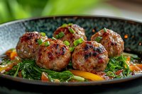 Juicy grilled meatballs served with sauteed greens and colorful vegetables in savory sauce on turquoise ceramic plate, close up food photography.