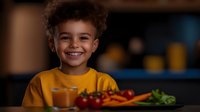 Young African American boy in yellow sweater smiling brightly at kitchen table with healthy fresh vegetables and juice, representing childhood nutrition and wellness.