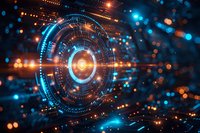 Futuristic circular interface with glowing blue and orange elements against dark background, digital technology concept with dynamic light effects and bokeh.