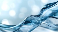 Flowing water waves with bubbles and dynamic motion on light blue bokeh background, abstract liquid surface macro photography for fresh natural designs.