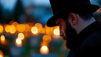Silhouette profile of bearded man wearing fedora hat against blurred bokeh lights background creating moody atmospheric evening scene.