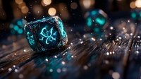 Glowing turquoise gaming dice with magical effect on wooden surface, surrounded by bokeh lights and sparkles, creating mystical tabletop atmosphere.
