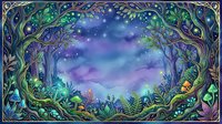 Enchanted forest canopy frames a starlit night sky with purple and blue nebula clouds, glowing flora, and mystical woodland atmosphere for fantasy and magical themed designs.