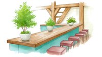 Cozy outdoor bar counter with wooden top and pink bar stools, decorated with potted plants and trees creating relaxing patio atmosphere. Watercolor style.