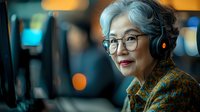 Senior Asian woman wearing headphones and glasses smiles while working at computer in evening office setting with warm bokeh lighting, representing active aging and modern workplace diversity.