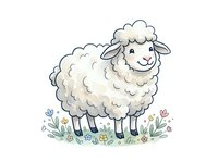 Cute sheep with fluffy wool standing in wildflowers, isolated on white background. Charming illustration suitable for children's books, nursery decor, greeting cards, and fabric design.